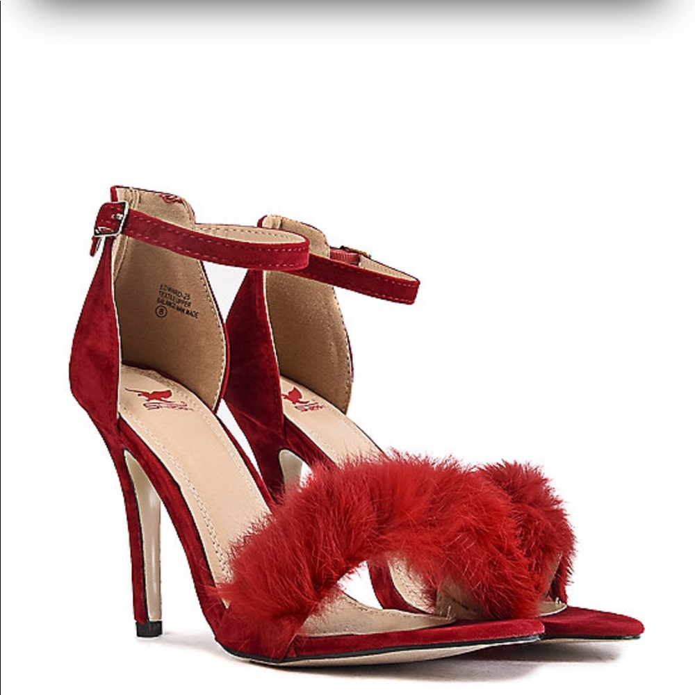 Red suede fluffy heels